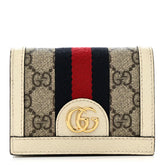 GG Supreme Monogram Textured Dollar Calfskin Web Ophidia Card Case Beige Ebony Mystic White