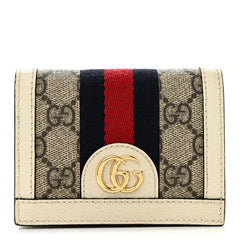 GG Supreme Monogram Textured Dollar Calfskin Web Ophidia Card Case Beige Ebony Mystic White