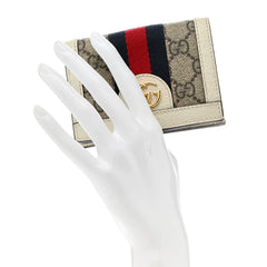 GG Supreme Monogram Textured Dollar Calfskin Web Ophidia Card Case Beige Ebony Mystic White