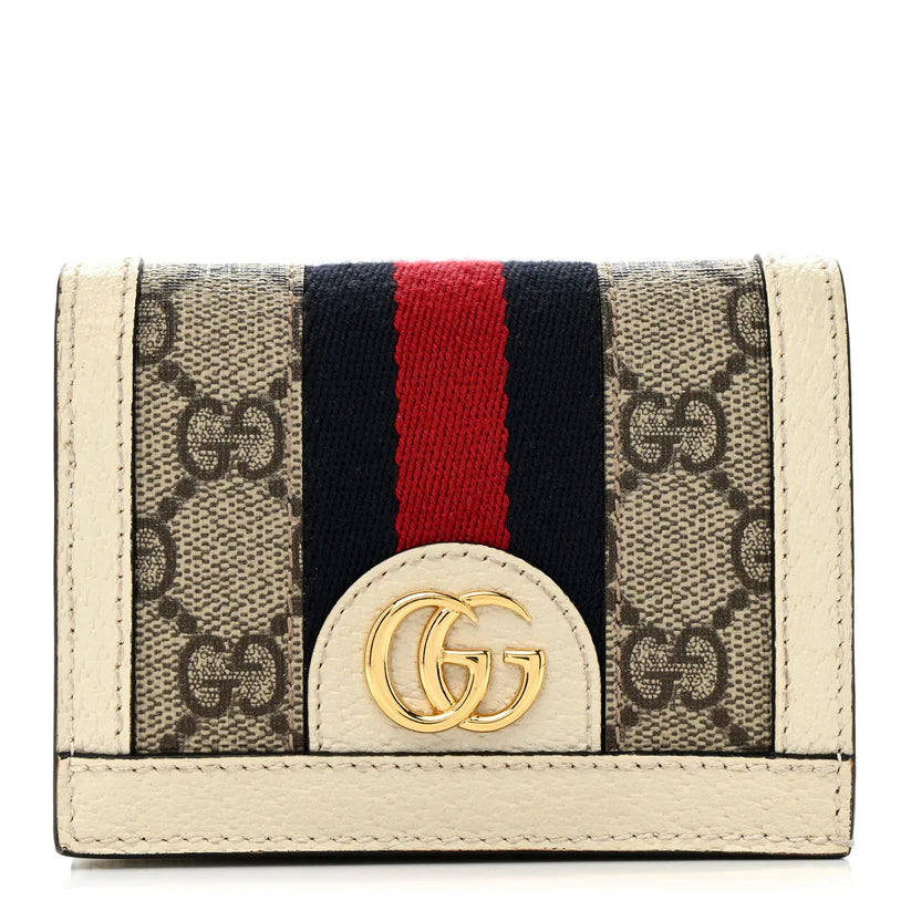 GG Supreme Monogram Textured Dollar Calfskin Web Ophidia Card Case Beige Ebony Mystic White